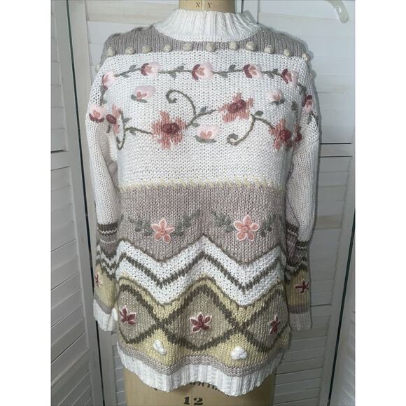 VINTAGE BP Design Cream Embroidered Floral Sweater Women’s 90s Y2K Small (med) - Picture 1 of 8